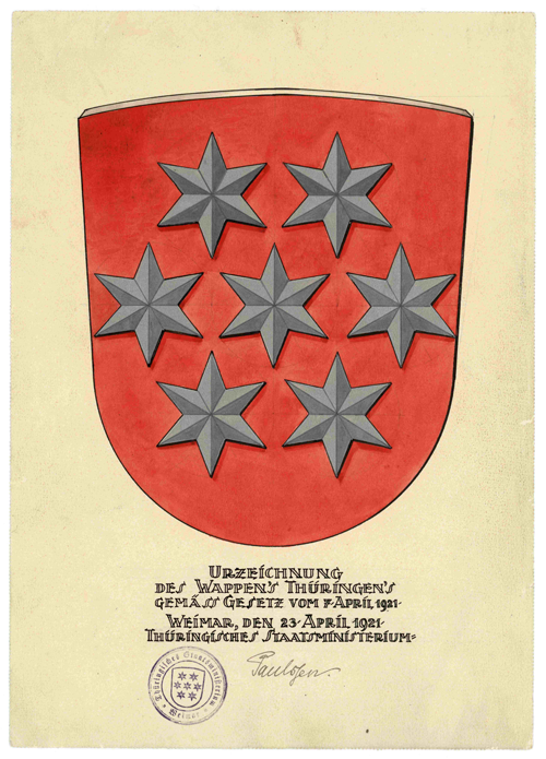 Thüringer Landeswappen 1921-1933, eingeführt durch Gesetz vom 7. April 1921 (Zeichnung von Adolf von den Velden) / Quelle: LaTh - HStA Weimar, Urkunde 1921 April 7 (Alle Rechte vorbehalten.) 